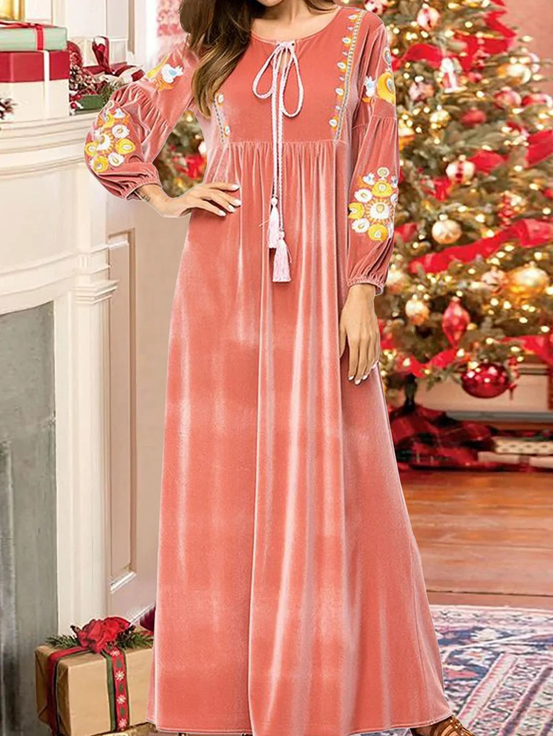 Boho Crew Neck Lace Up Fold Velvet Midi Dress Long Sleeve