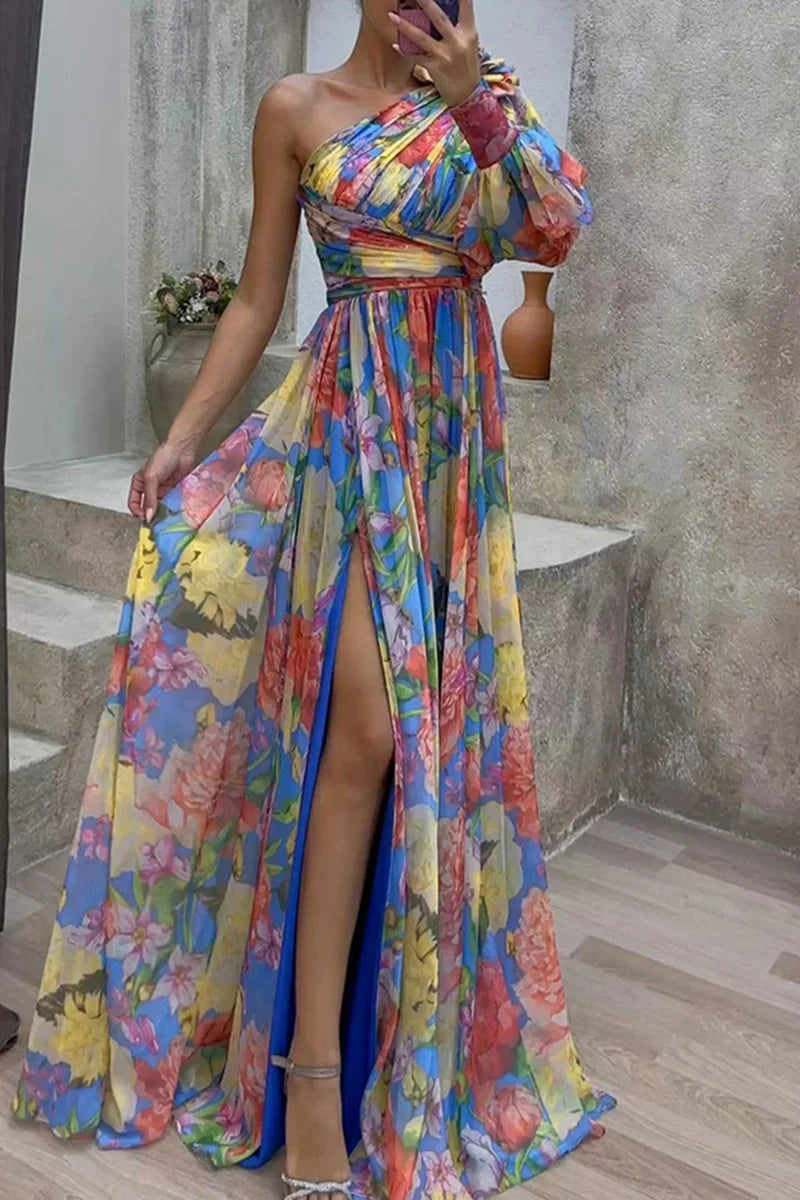 Elegant Floral Slit Evening Dress