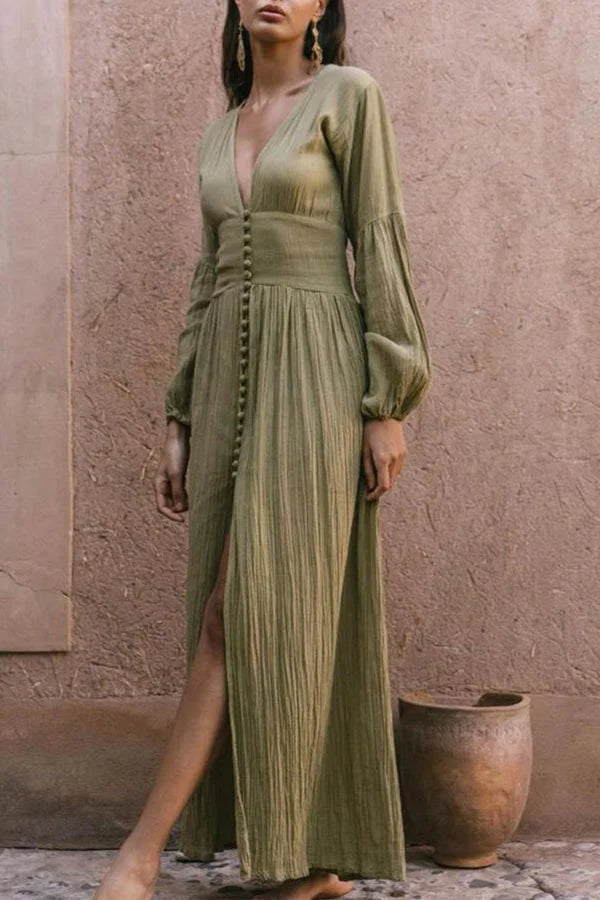 White Plunging Button Maxi Dress Long Sleeve