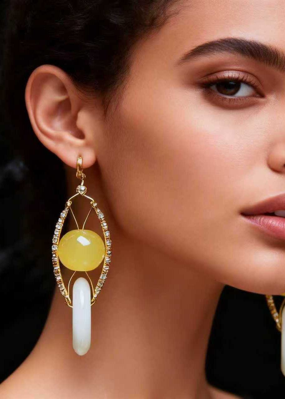 Retro White Jade Handmade Concatenation Beeswax Drop Earrings