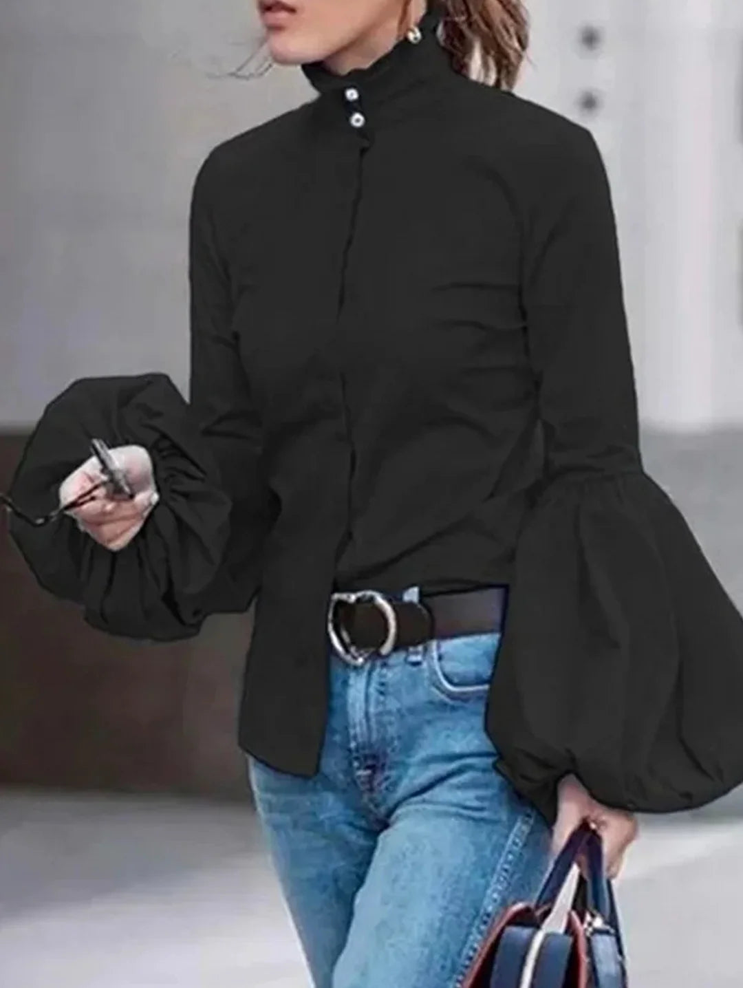 Casual Plain Stand Collar Button Blouse Lantern Sleeve