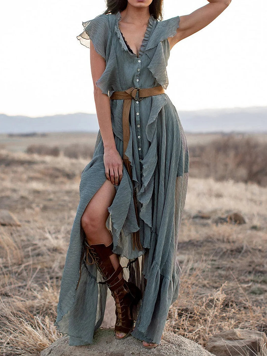 Grey Blue V Neck Button Up Ruffle Maxi Dress