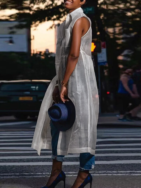 Loose Buttoned Pockets See-Through Split-Joint Transparent Lapel Midi Dresses