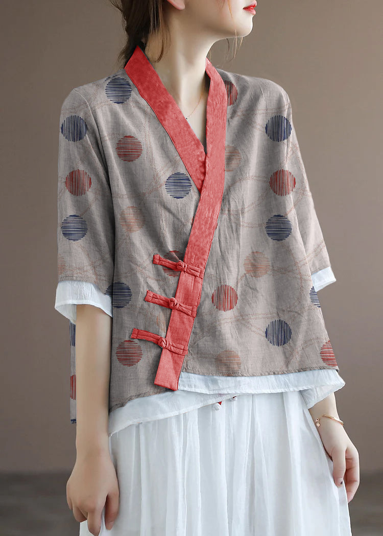 Chinese Style Lake red polka dotsV Neck Double-deck Cotton Top Half Sleeve