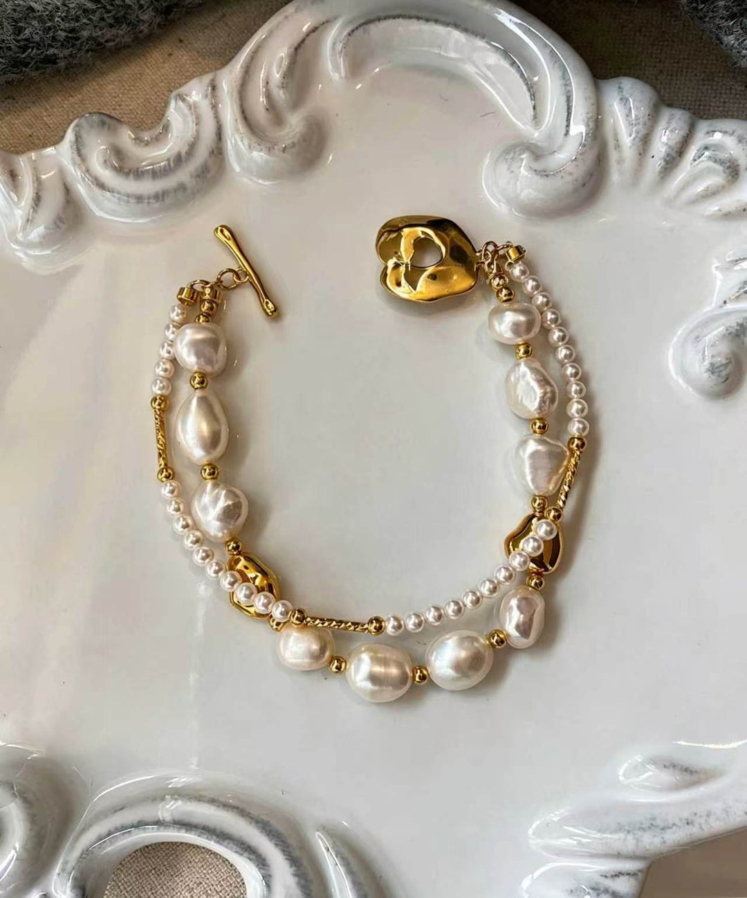 Stylish Gold Copper Overgild Pearl Double Layer Charm Bracelet