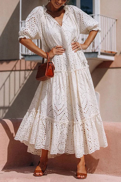 White Eyelet Tassels Tiered Maxi Dress