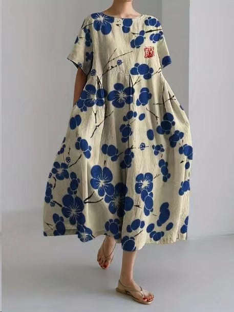 Apricot Blue Plum Flower Cotton Dresses Pockets Patchwork Summer - Omychic