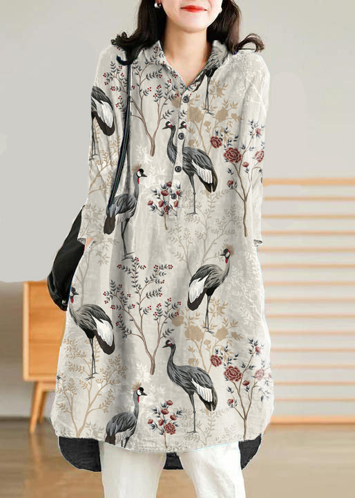 Jade Blue-flower Linen Women Casual Linen Shirt Dress