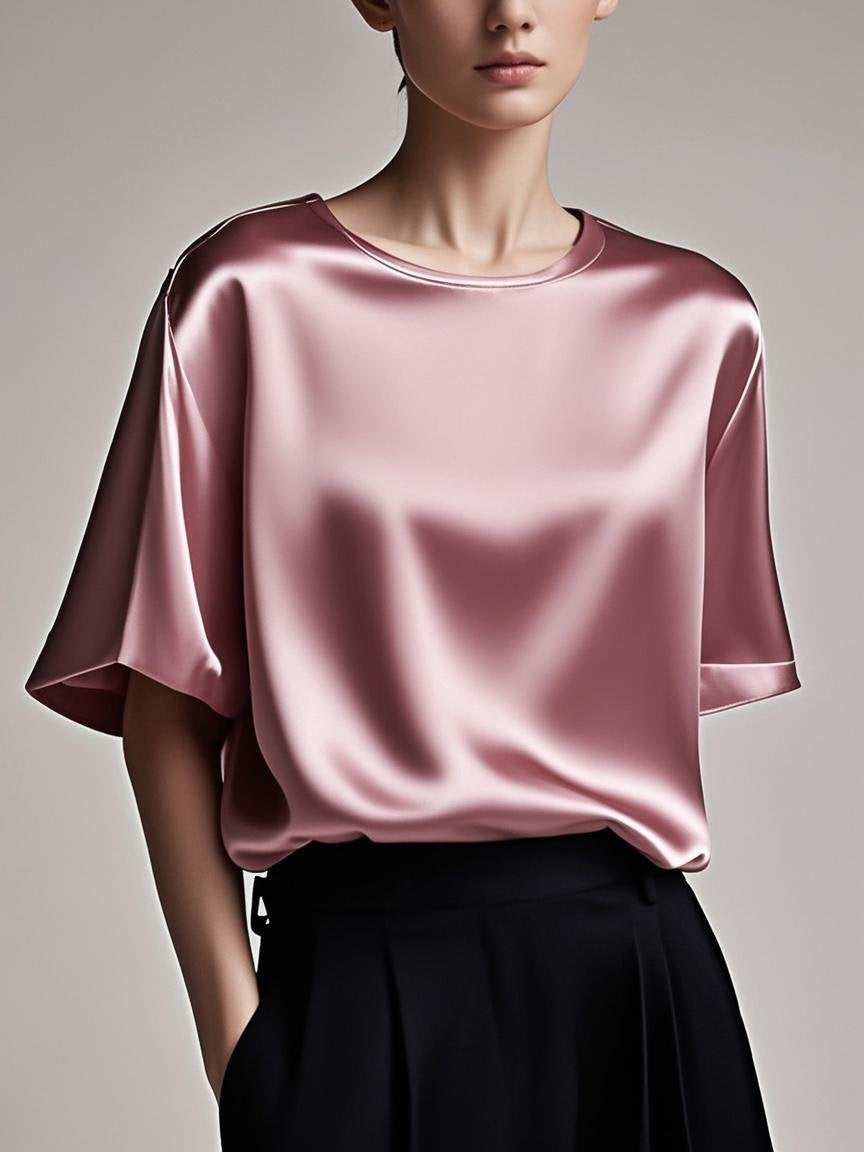 Fitted Red Patchwork Silk Tops Summer