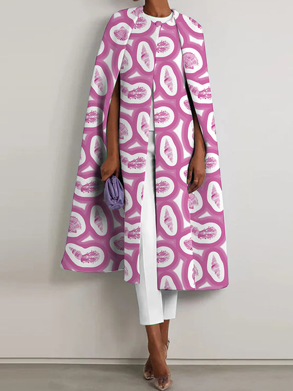Loose Buttoned Printed Split-Front Split-Joint Round-Neck Cape Outerwear Cap Sleeve