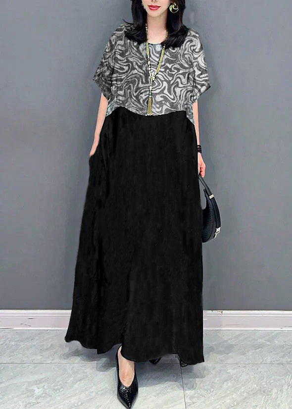 Bohemian black cashew nuts O Neck Pockets Print Patchwork Silk Long Dresses Summer