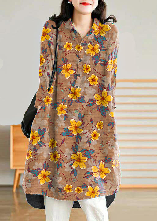 Jade Blue-flower Linen Women Casual Linen Shirt Dress