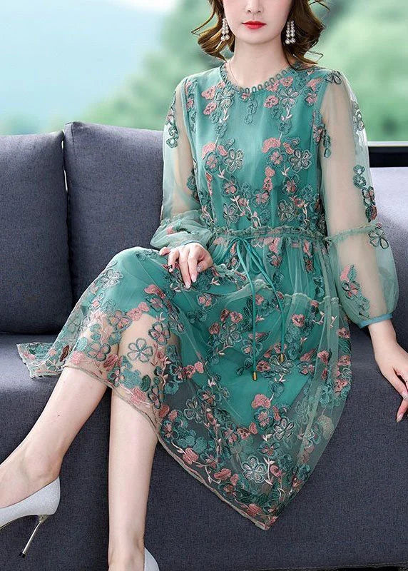 Italian Green Embroidered Tie Waist Tulle Mid Dress