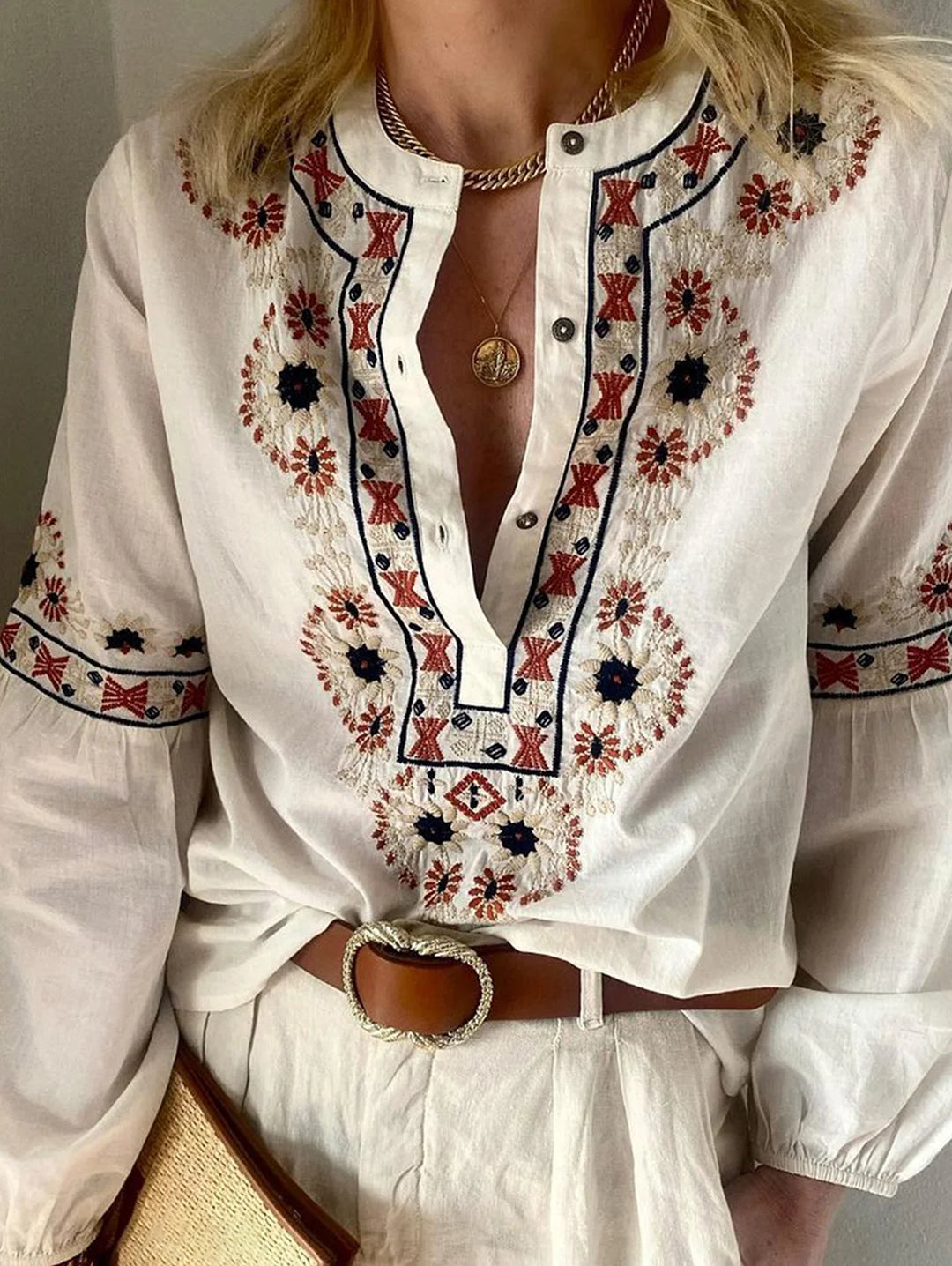 Apricot Crew Neck Buttons Embroidered Blouse Lantern Sleeve