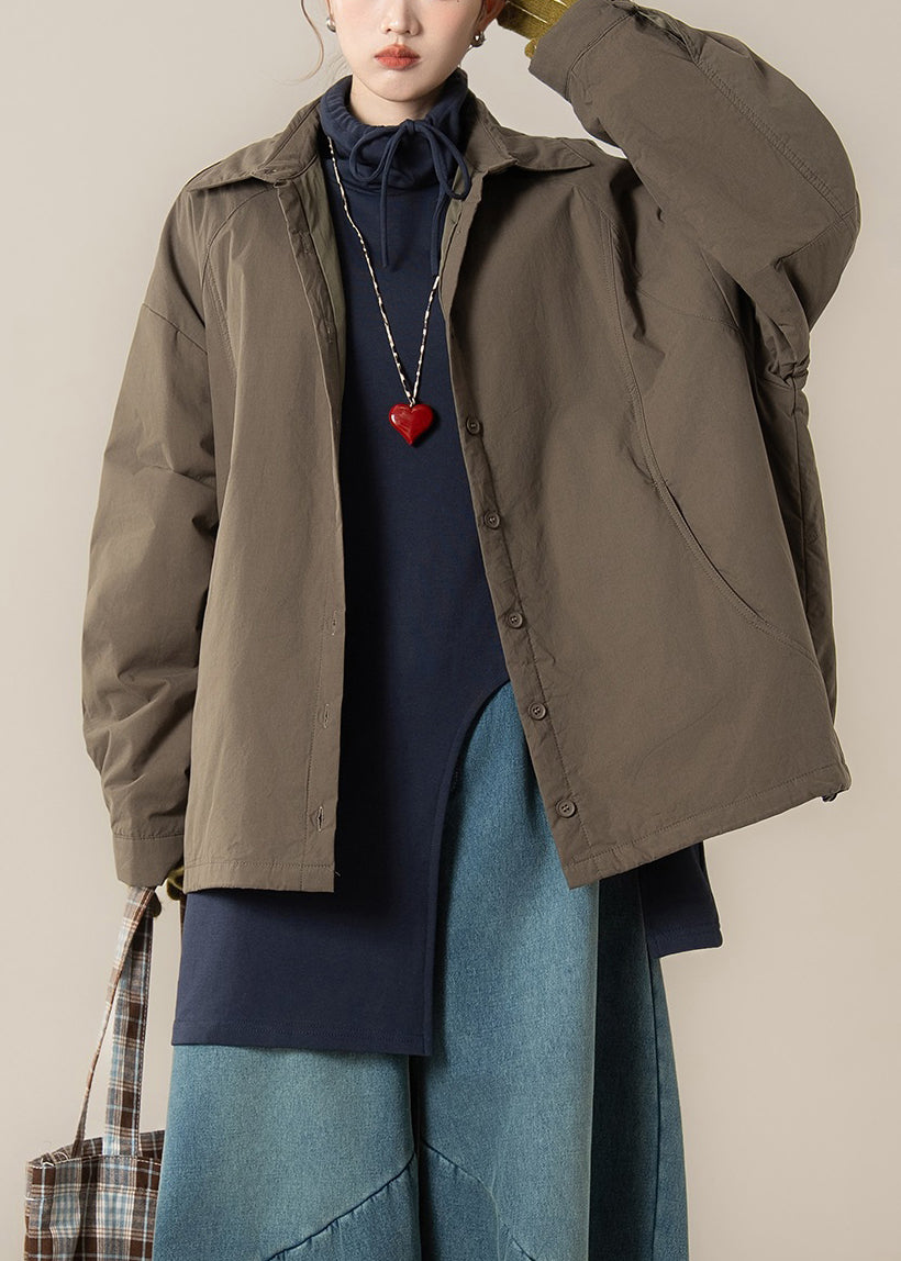 khaki Brown Button Drawstring Cotton Filled Coats Peter Pan Collar