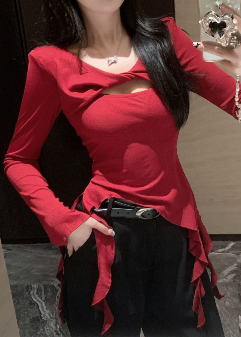lim Fit Red Asymmetrical Hollow Out Cotton T Shirt Spring