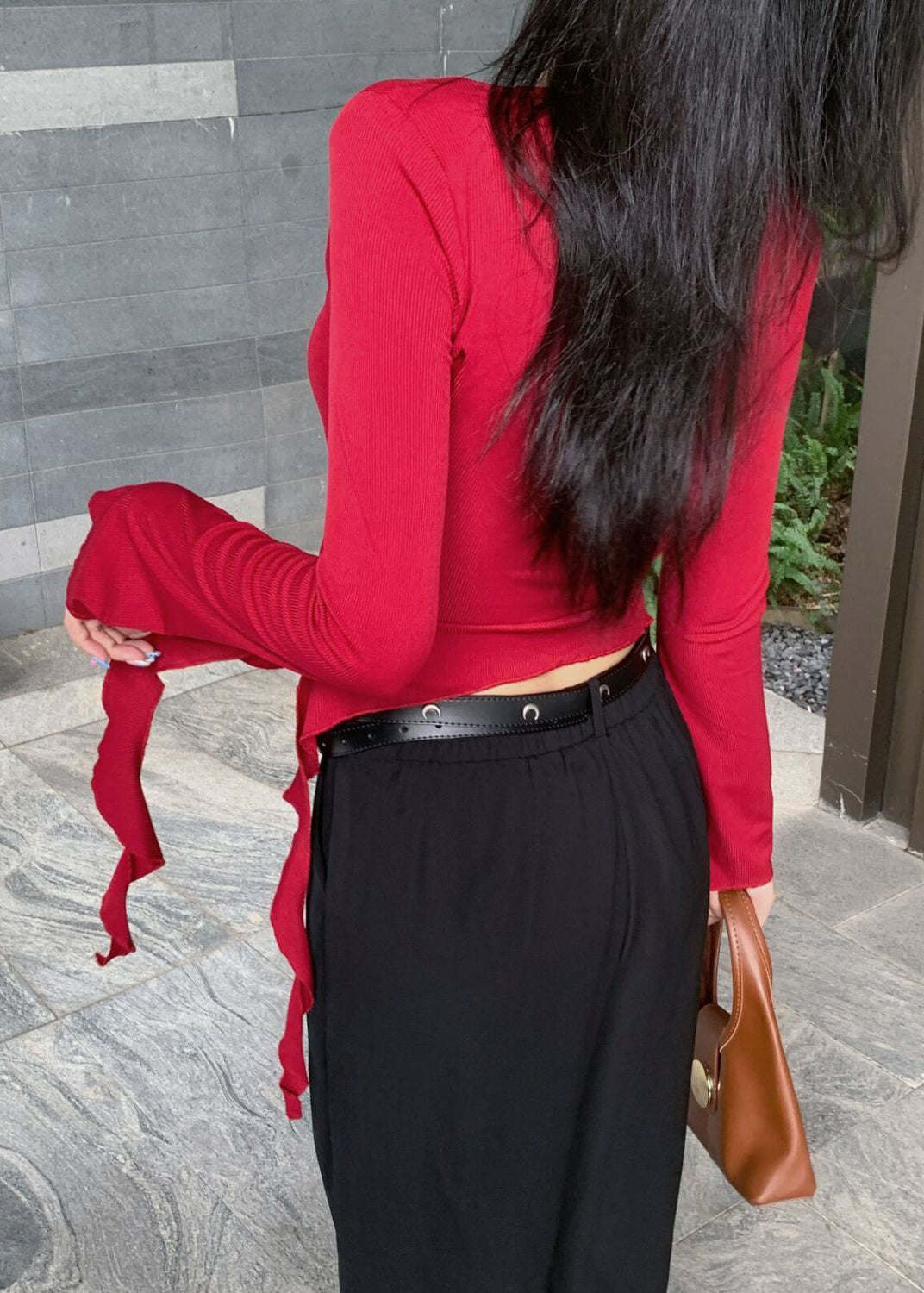 lim Fit Red Asymmetrical Hollow Out Cotton T Shirt Spring