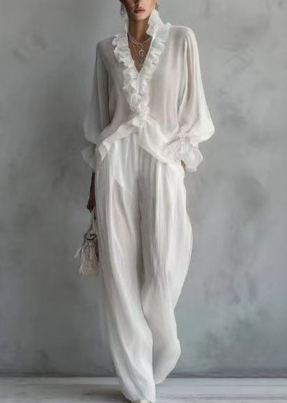 Women White Ruffled Cotton Two-Piece Sets Fall