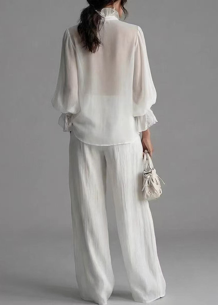 Women White Ruffled Cotton Two-Piece Sets Fall