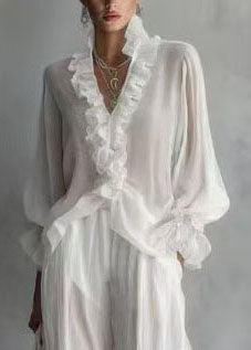 Women White Ruffled Cotton Two-Piece Sets Fall