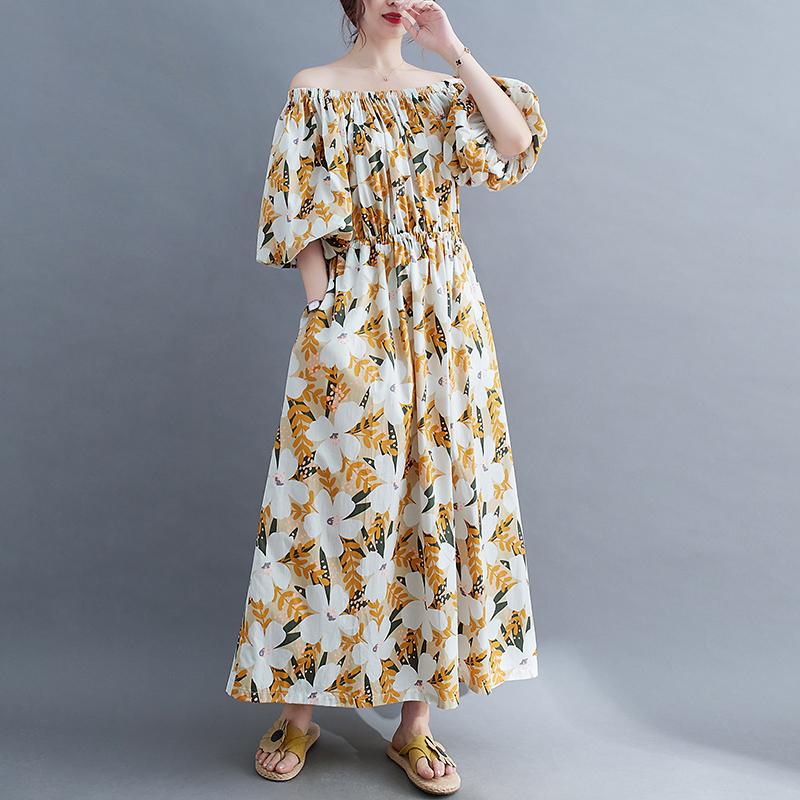 Casual Yellow Summer Floral Cotton Dress