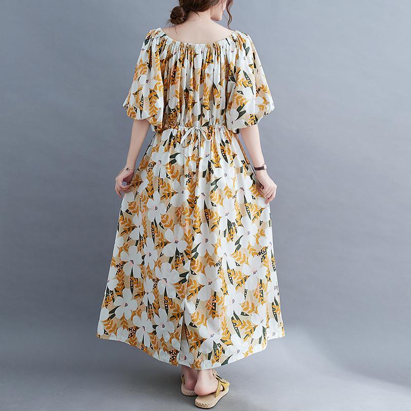 Casual Yellow Summer Floral Cotton Dress