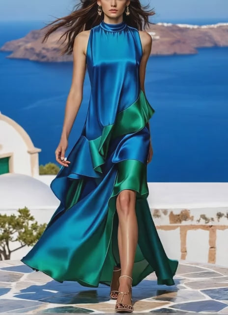 Italian Royal Blue Asymmetrical Patchwork Silk Dress