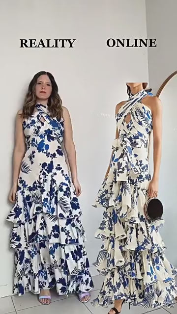 Loose Blue Ruffled Print Lace Up Cotton Maxi Dress Sleeveless