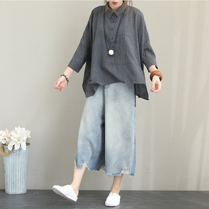 Loose Gray Cotton Shirt Women Spring Summer Blouse