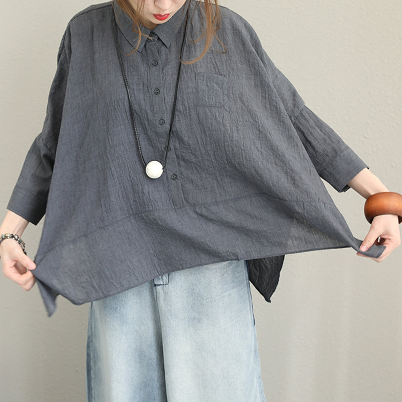 Loose Gray Cotton Shirt Women Spring Summer Blouse