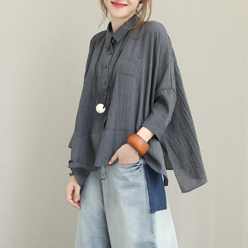 Loose Gray Cotton Shirt Women Spring Summer Blouse