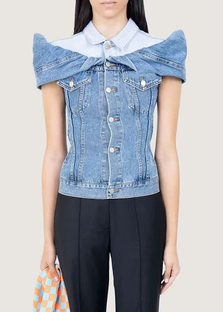 Stitching Contrast Color Fake Two-piece Denim Shirt