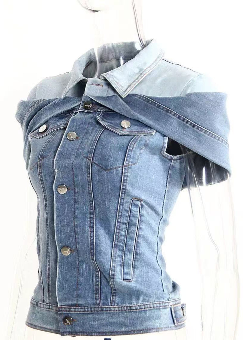 Stitching Contrast Color Fake Two-piece Denim Shirt