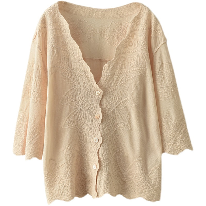 Summer Embroidery Lace V-neck Cotton Cardigan