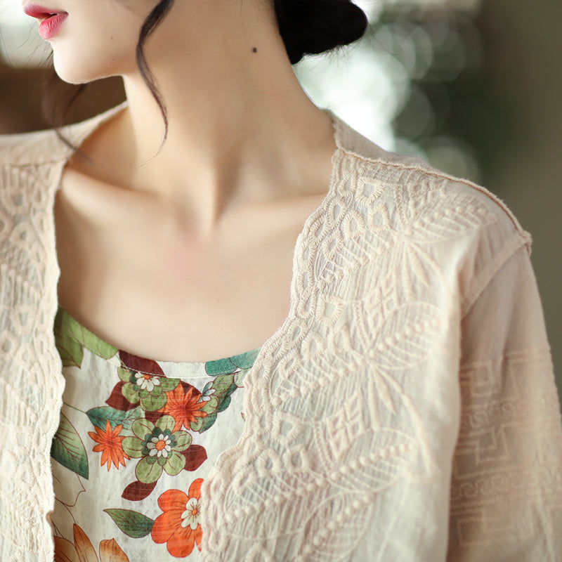 Summer Embroidery Lace V-neck Cotton Cardigan