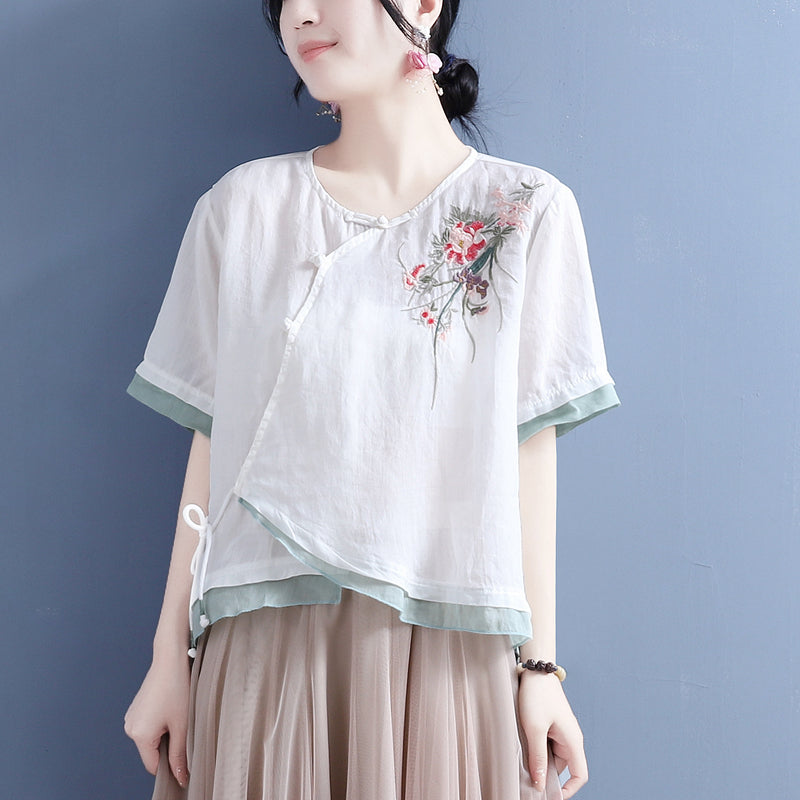 Vintage Floral Embroidered Skew Linen Blouse