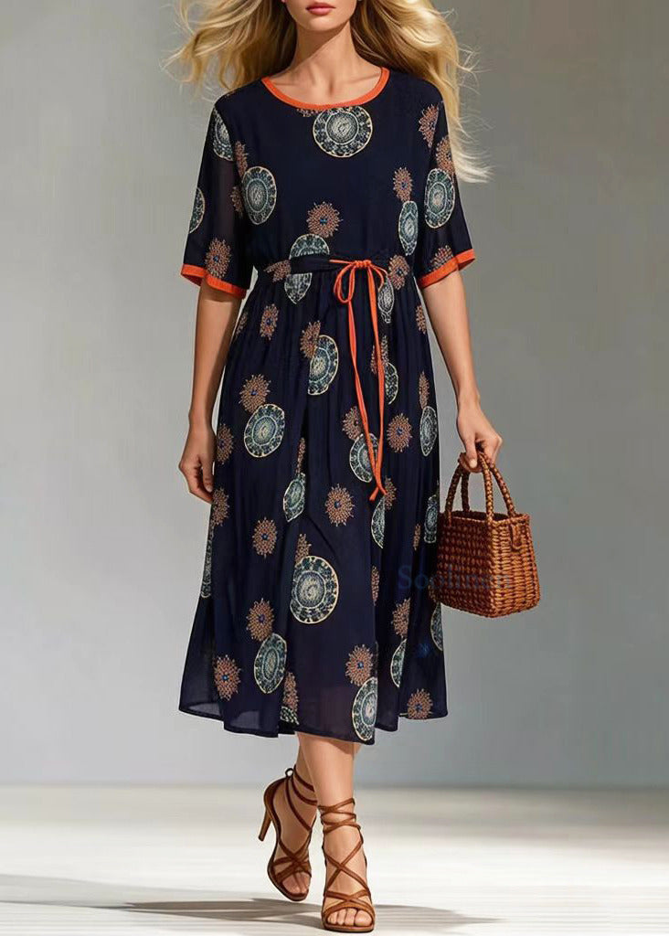 Women Black Cinched Print Chiffon Long Dress Summer