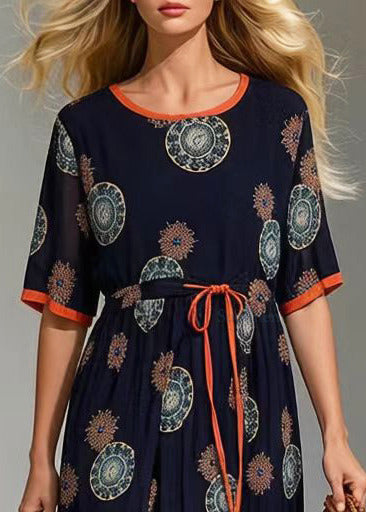 Women Black Cinched Print Chiffon Long Dress Summer