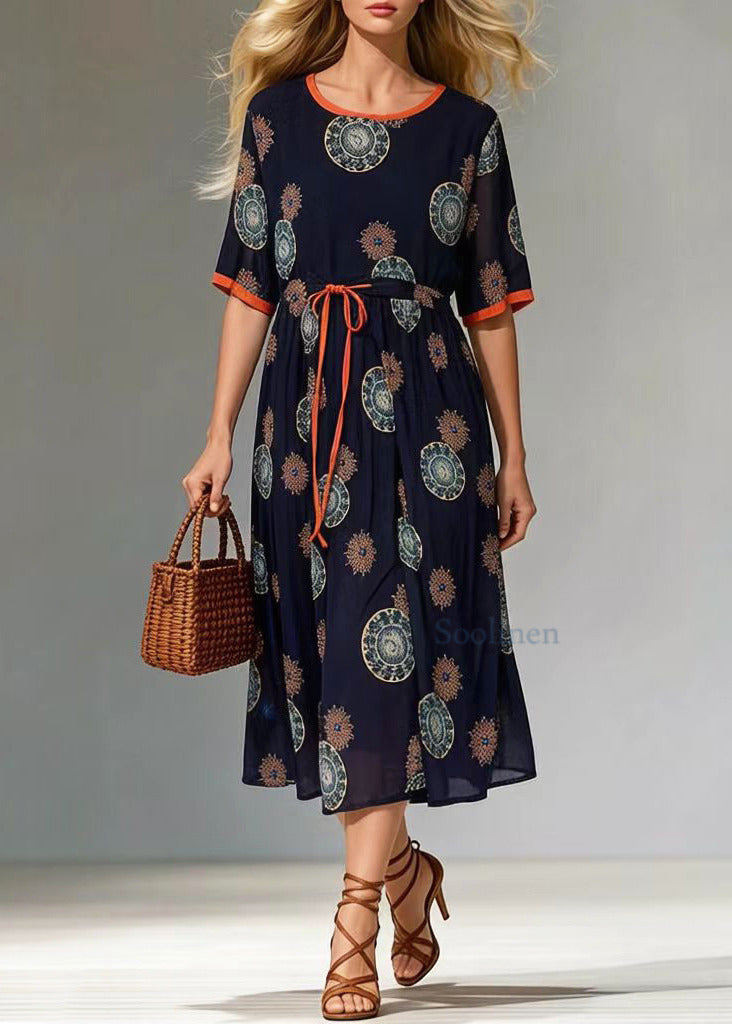 Women Black Cinched Print Chiffon Long Dress Summer