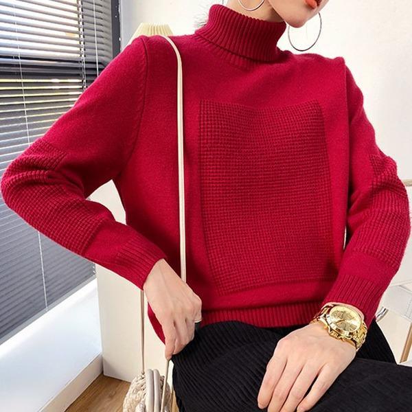 Turtleneck Collar Long Sleeve Pullover Elegant Match All Solid Color Top - Omychic