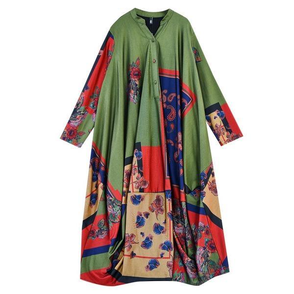 cotton satin plus size vintage floral for women casual loose long spring autumn dress - Omychic