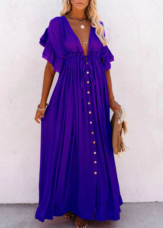 Purple V Neck Button Maxi Dresses Short Sleeve