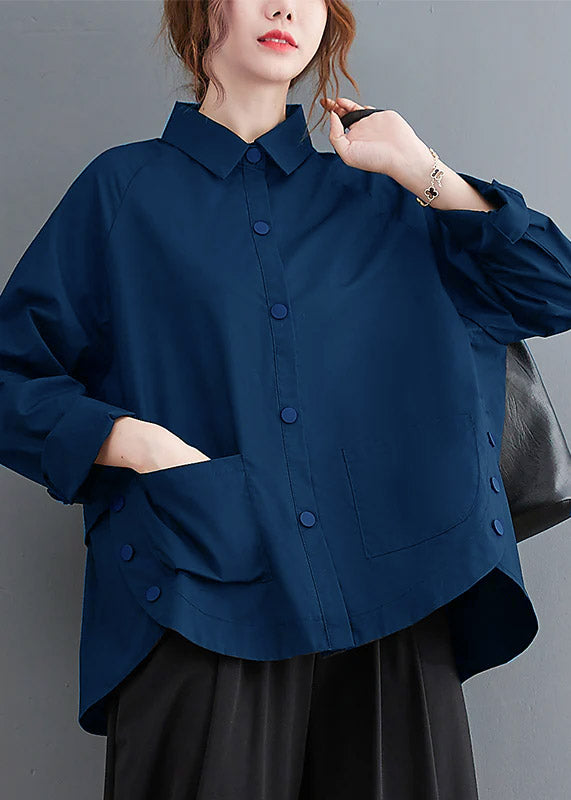 Blue Patchwork Cotton Shirt Top Oversized Pockets Fall