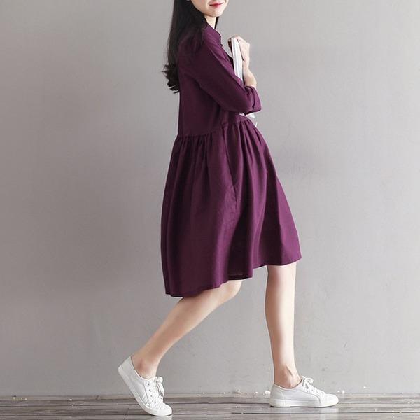 Women Cotton Linen Casual Dress New 2020 Simple Style Knee-length A-line Dress - Omychic