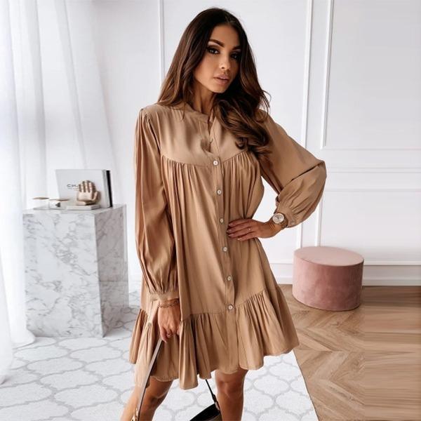 Long Sleeve Stand Collar Solid Elegant Casual Mini Dress 2020 Spring New Dress - Omychic