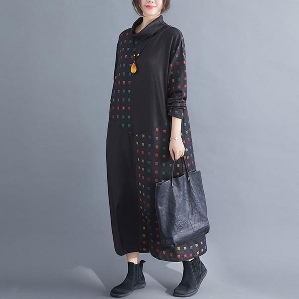 Women Casual Long Dress New Arrival  Style Turtleneck Patchwork Print Loose Female Dresses - Omychic