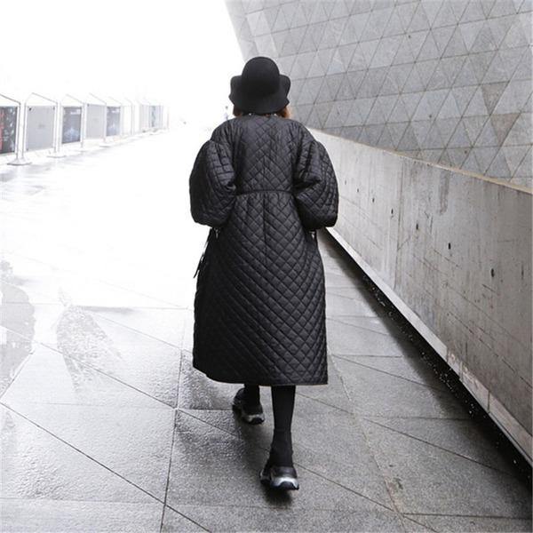 2020 New Autumn V-collar 3/4 Sleeve Black Long Bandage Cotton-padded Coat - Omychic