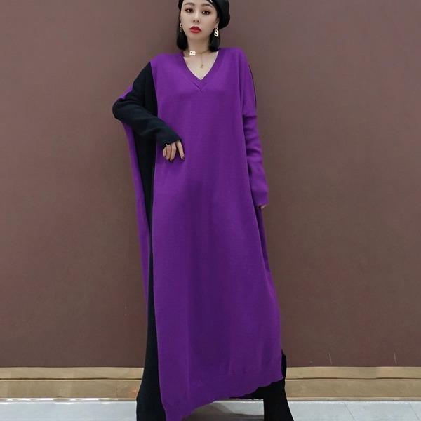 Patchwork Hit Color Dress Women 2020 Winter Casual Fashion  Style Temperament All Match V Neck  Women Clothes - Omychic