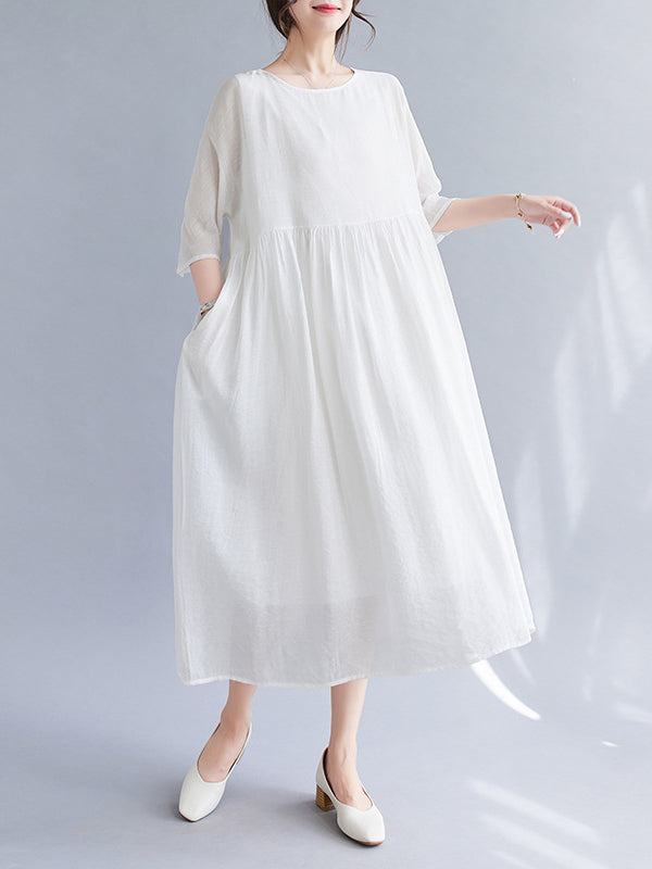 Pleated See-Through Solid Color Split-Joint  Midi Dress