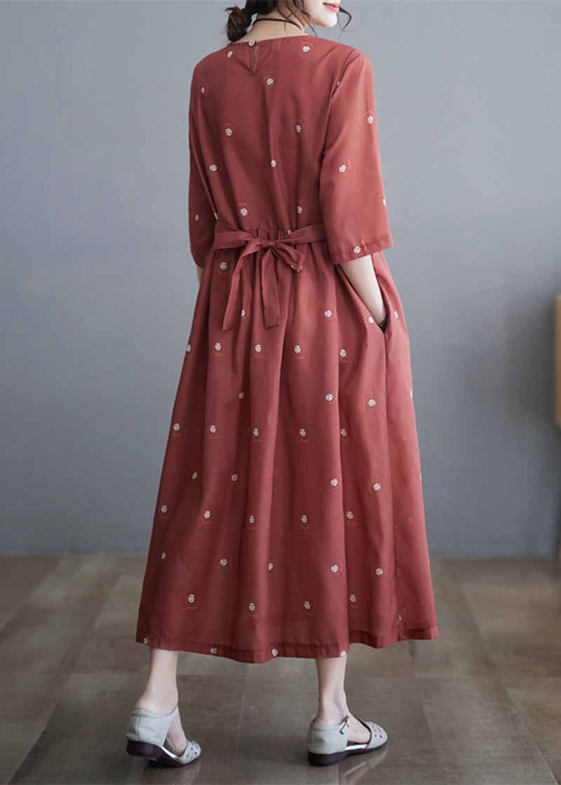 Women Brick Red Cinched Print Linen Dress Half Sleeve